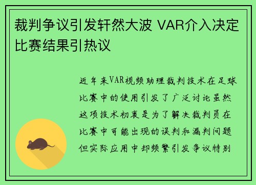 裁判争议引发轩然大波 VAR介入决定比赛结果引热议